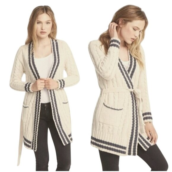 NEW Chaser Cable Knit Belted‎ Cardigan In Cake/Cream & Blue Jay Stripe Size M - Picture 1 of 11